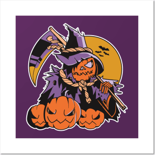 Spooky Pumpkin Head Scarecrow Posters and Art